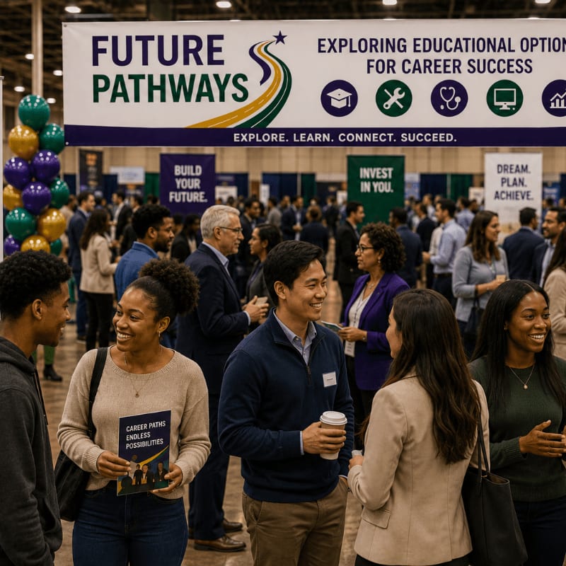 Diverse professionals network in the foreground beneath a large "Future Pathways" banner, with a crowded career fair filling the background.