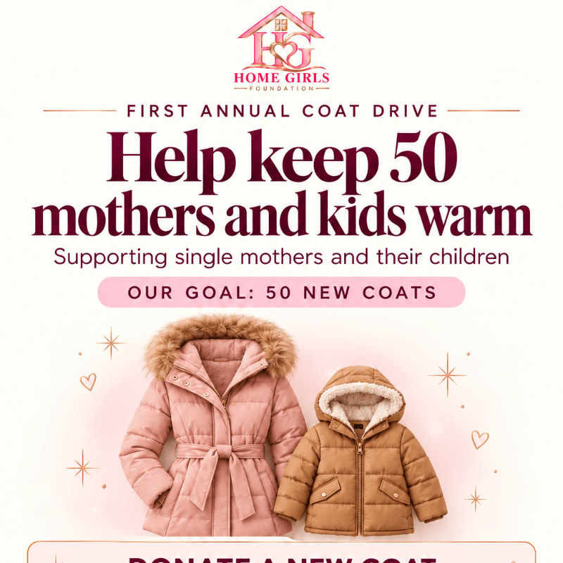 Two winter coats, one pink and one brown, sit in the foreground against a white background featuring text and a logo for a coat drive.