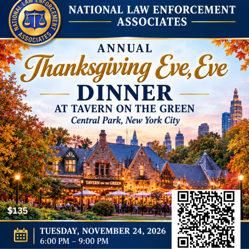 An event flyer for a Thanksgiving dinner at Tavern on the Green features bold gold and blue text in the foreground over a scenic autumn view of the restaurant and the New York City skyline in the background.