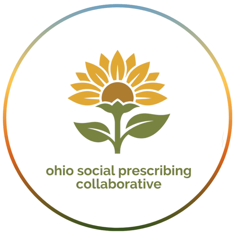 A stylized yellow sunflower with green leaves and the text "ohio social prescribing collaborative" are centered within a thin, multicolored circular border on a white background.