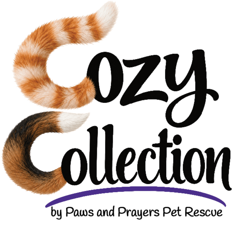 Two fluffy animal tails curve to form the letters "C" in the words "Cozy Collection" against a plain white background.