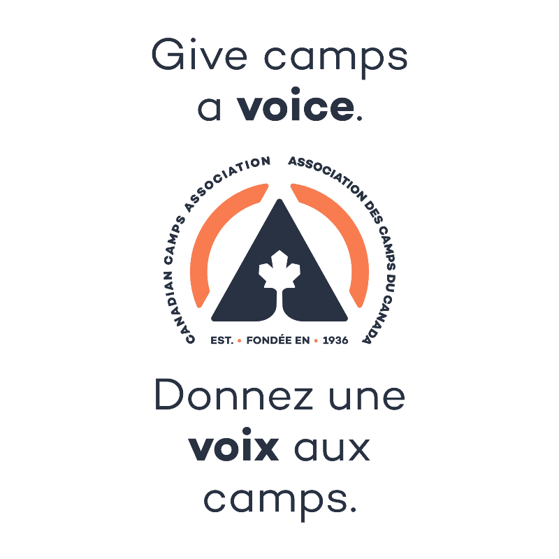 English and French text surrounding a circular logo for the Canadian Camps Association set against a plain white background.