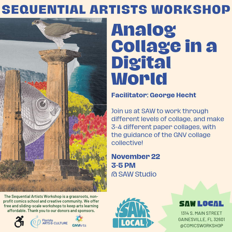 A surreal collage featuring a large fish and a hawk perched on a pillar in the foreground against a backdrop of colorful flowers and a blue landscape, paired with text for an "Analog Collage in a Digital World" workshop.