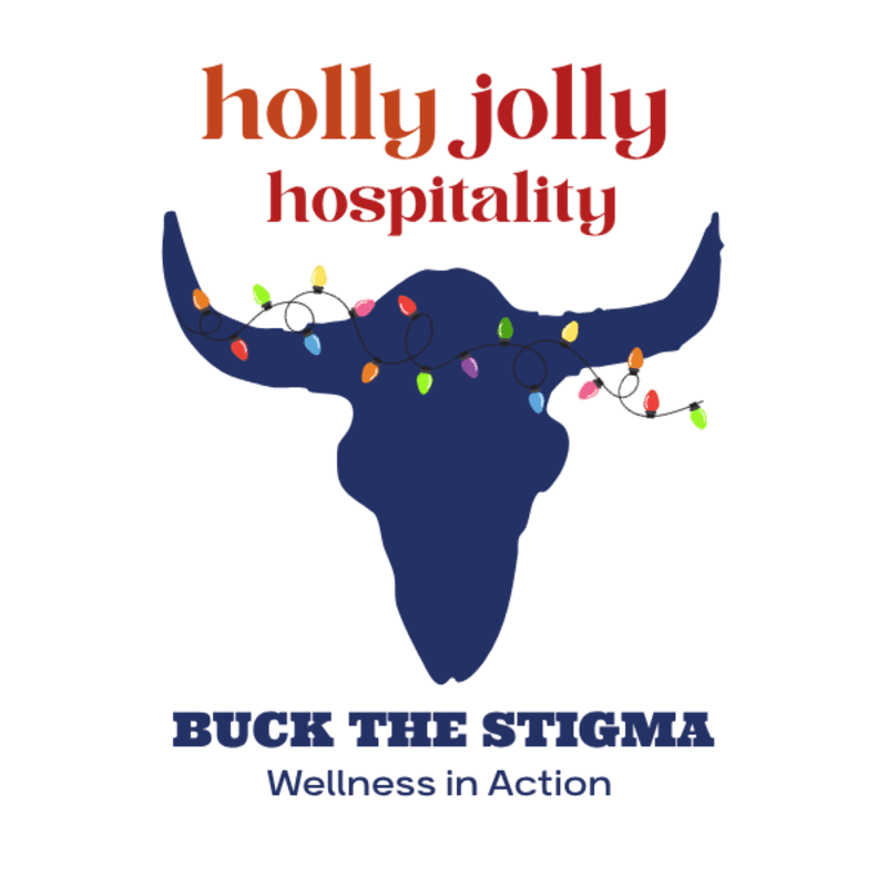 A dark blue longhorn skull silhouette adorned with colorful Christmas lights sits centered on a white background, framed by red text above and blue text below.