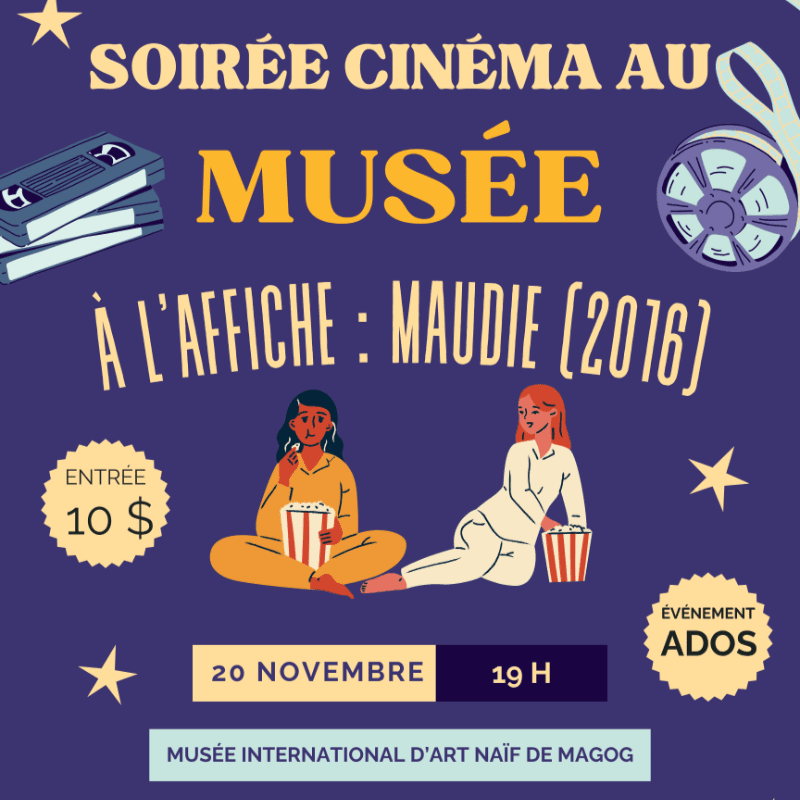 Two people eating popcorn sit in the foreground of a purple promotional poster featuring cinema-themed graphics and French text in the background.