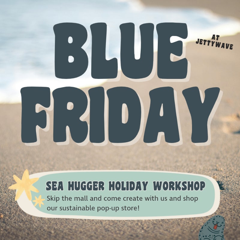 Bold blue text reading "BLUE FRIDAY" and a workshop announcement overlay a blurred background of a sandy beach and ocean waves.