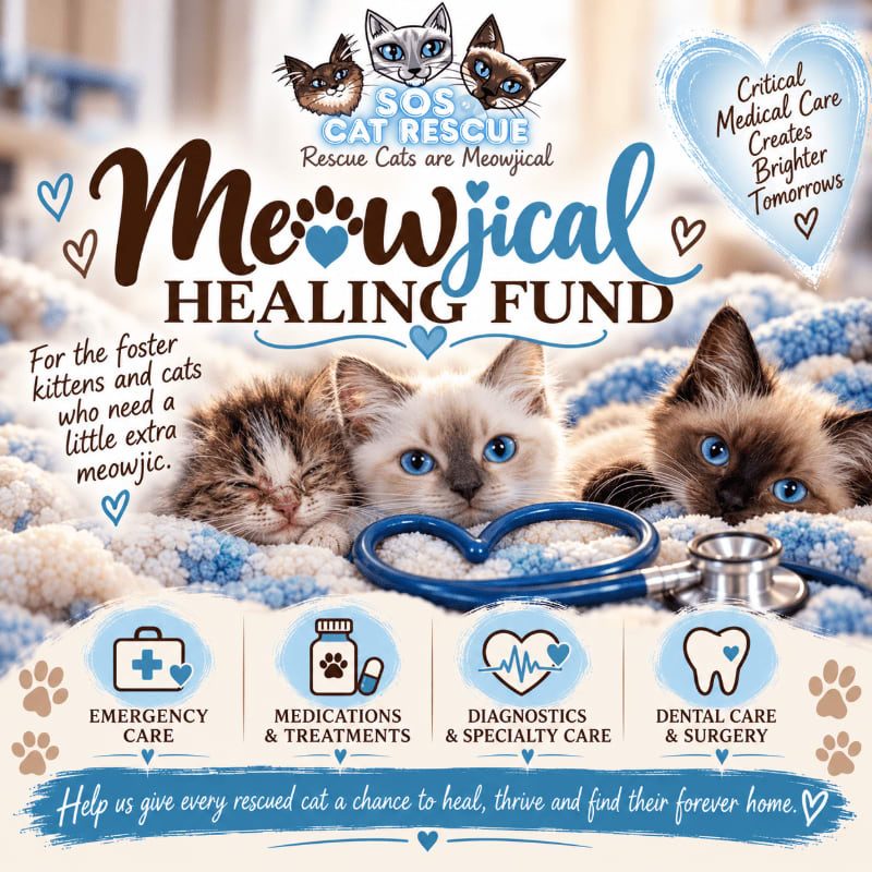 Three small kittens lie on a blue textured blanket with a stethoscope in the foreground, set against a soft-focus indoor background with promotional text for a cat rescue fund.