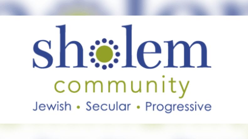 The foreground displays the "sholem community" logo with the words "Jewish • Secular • Progressive" below it, while the background is a blurred, abstract pattern of blue and white.