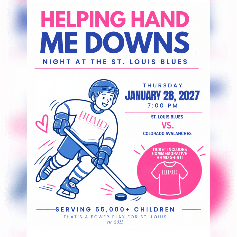 An illustration of a hockey player and event details for "Helping Hand Me Downs" are set against a white background with pink and blue accents.