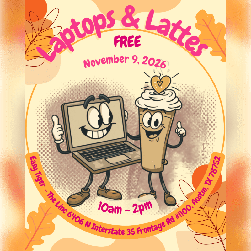 Cartoon characters of a laptop and a latte stand together in the center of a circular frame, surrounded by autumn leaves and event text on a light orange background.