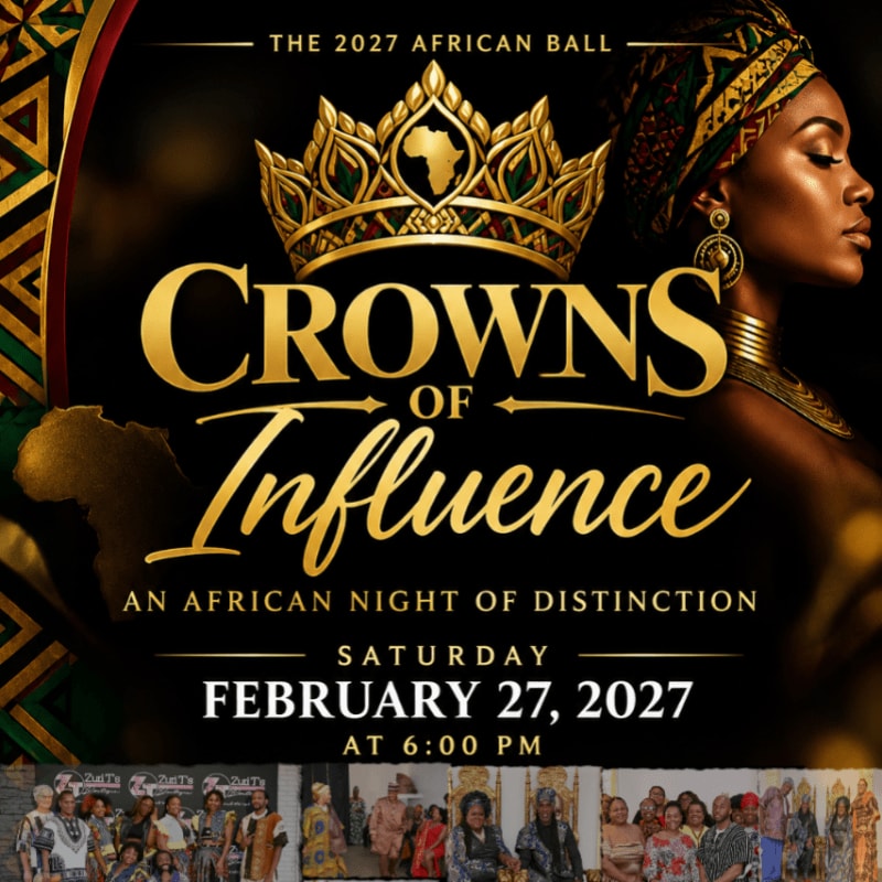A gold crown and the text "Crowns of Influence" are centered over a dark background featuring a woman in traditional African attire and a row of people in cultural dress at the bottom.