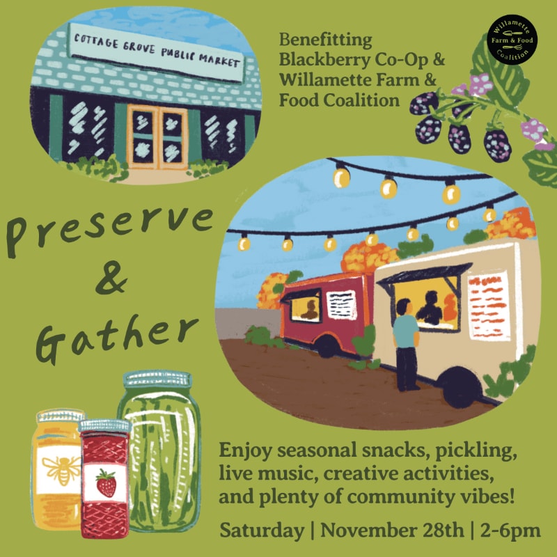 Colorful illustrations of a public market, food trucks, and preserved jars are set against a light green background with event details.