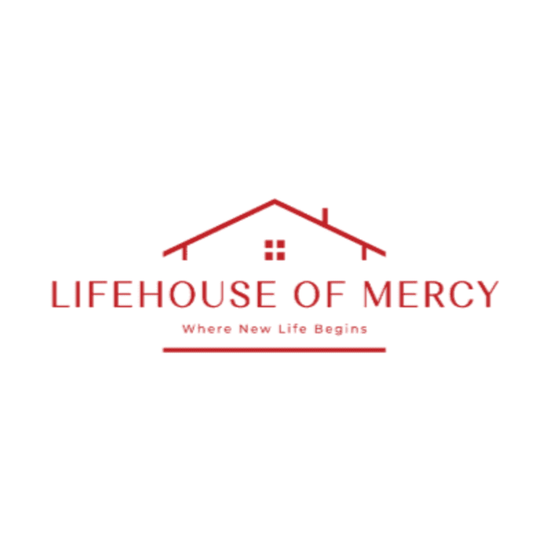 A red logo featuring a house outline and the text "LIFEHOUSE OF MERCY" is centered against a plain white background.