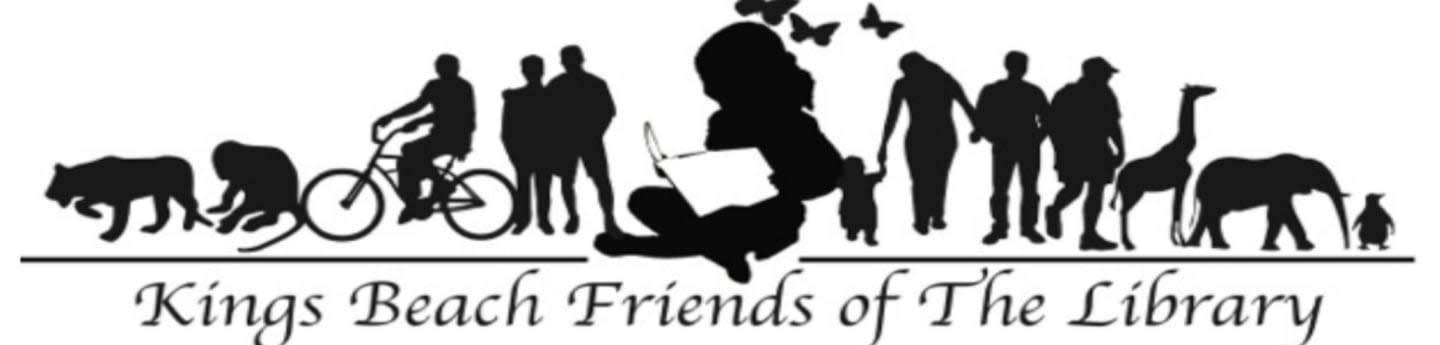 Silhouetted animals and people are depicted along a line, with a child reading a laptop in the center, above the text "Kings Beach Friends of The Library".