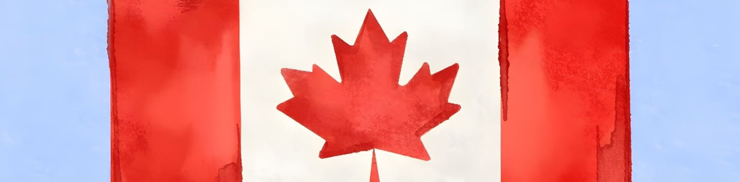 A watercolor painting of the Canadian flag with a red maple leaf on a white background, flanked by red stripes, against a light blue sky.