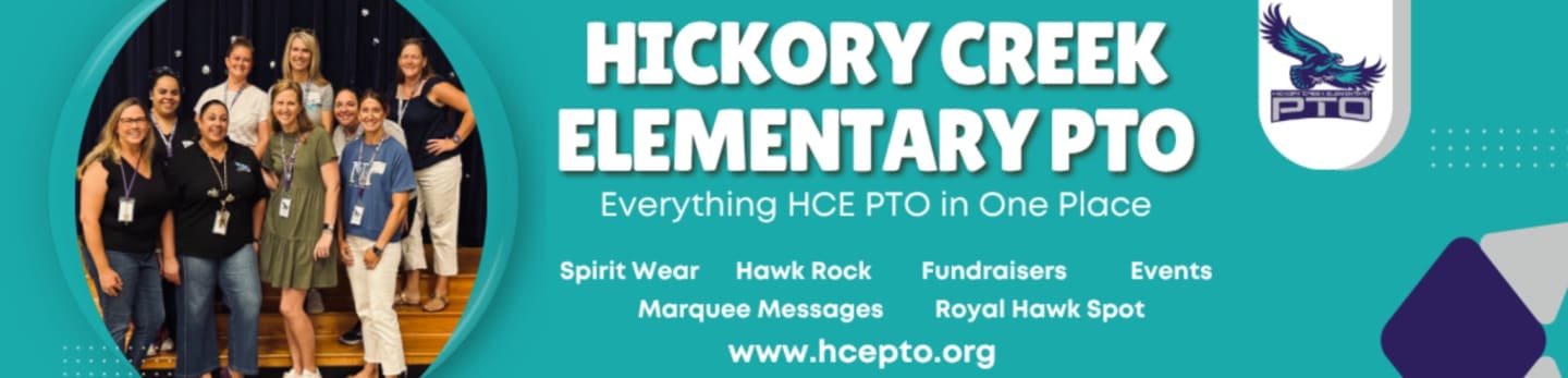 A group of women stand on risers in front of a dark curtain, with the "HICKORY CREEK ELEMENTARY PTO" logo and website displayed to their right.