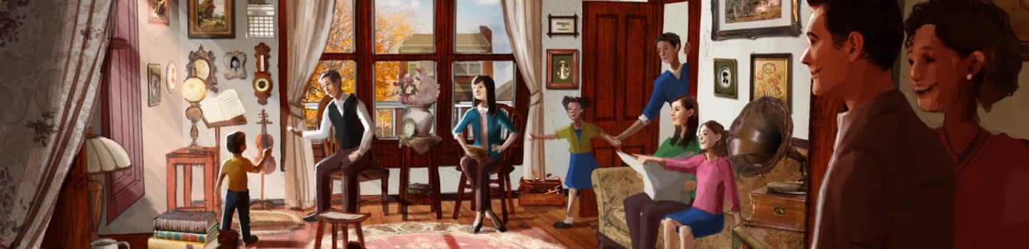 A young boy stands near a lamp and books in the foreground, while a family gathers in a sunlit room with a large window in the background.