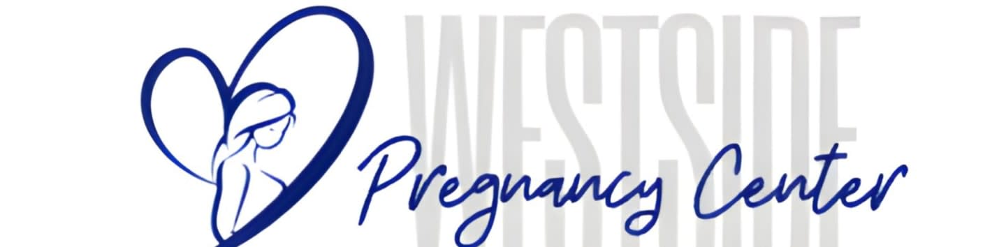 A blue heart with a silhouette of a pregnant woman is in the foreground, with the words "Westside Pregnancy Center" written in cursive below, and a faint "WESTSIDE" in large gray letters in the background.