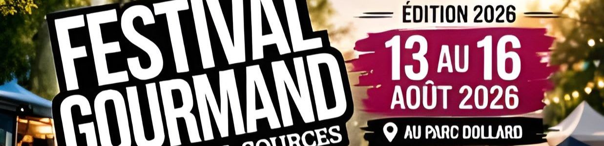 Large white text on a black background announces "FESTIVAL GOURMAND" in the foreground, with a blurred background of trees and lights.