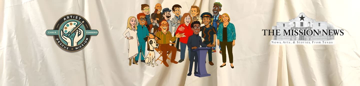 A group of cartoon characters stands in front of a white, draped background with logos on either side.