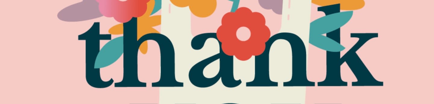 Dark blue letters spelling "thank" are adorned with colorful floral elements against a soft pink and cream striped background.