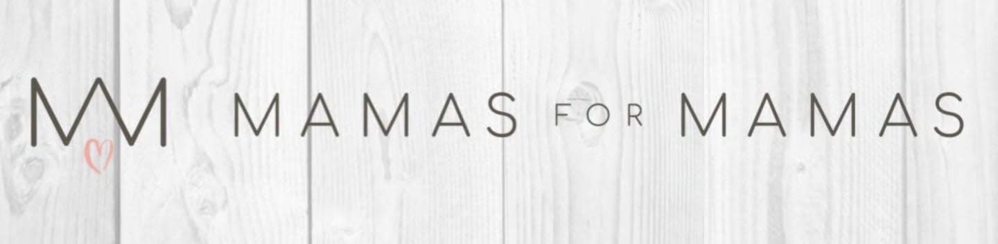 A stylized "MM" logo and the words "MAMAS FOR MAMAS" are displayed in gray text against a light gray wooden background.