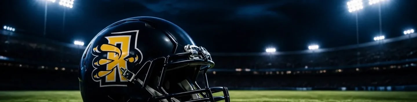 A dark football helmet with a yellow logo sits on a green field in front of a stadium filled with lights.