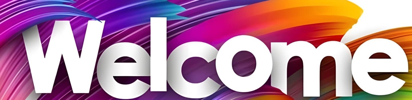 White letters spelling "Welcome" are superimposed over a vibrant, abstract background of swirling rainbow colors.
