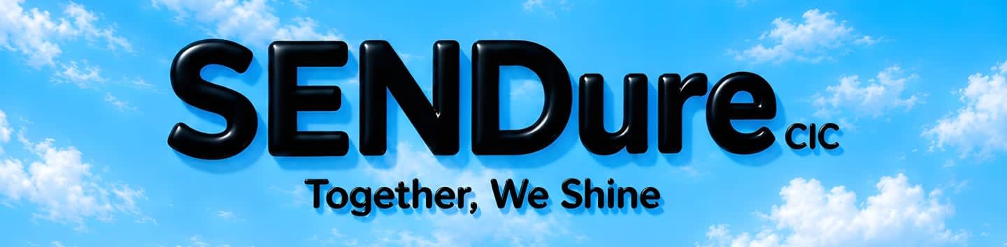 The words "SENDure CIC" and "Together, We Shine" are displayed in black, glossy font against a bright blue sky with fluffy white clouds.