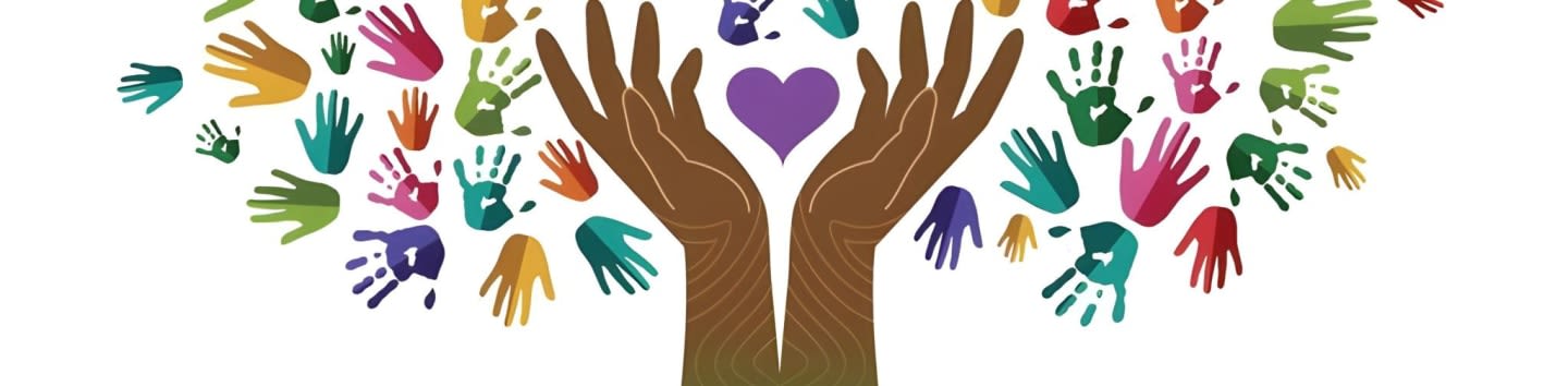 Two brown hands form the trunk of a tree, cradling a purple heart, while colorful handprints spread out like leaves against a white background.