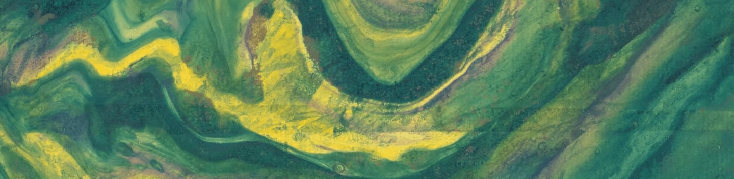 A bright yellow, wavy line cuts through a background of swirling green and dark teal brushstrokes.