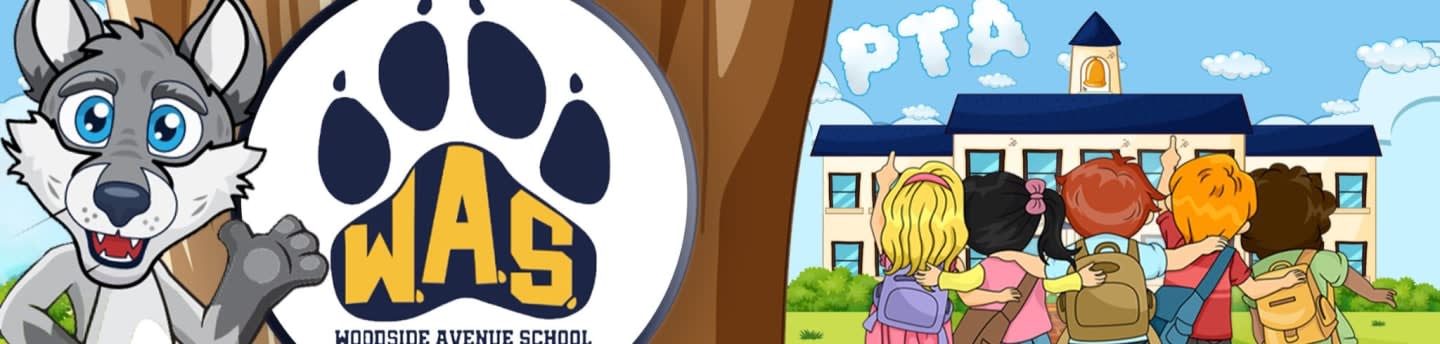 A cartoon wolf with a paw print logo is on the left, while a group of children with backpacks approach a school building on the right.