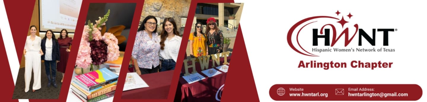 A collage of photos shows women at events, with the HWNT logo and contact information on the right.