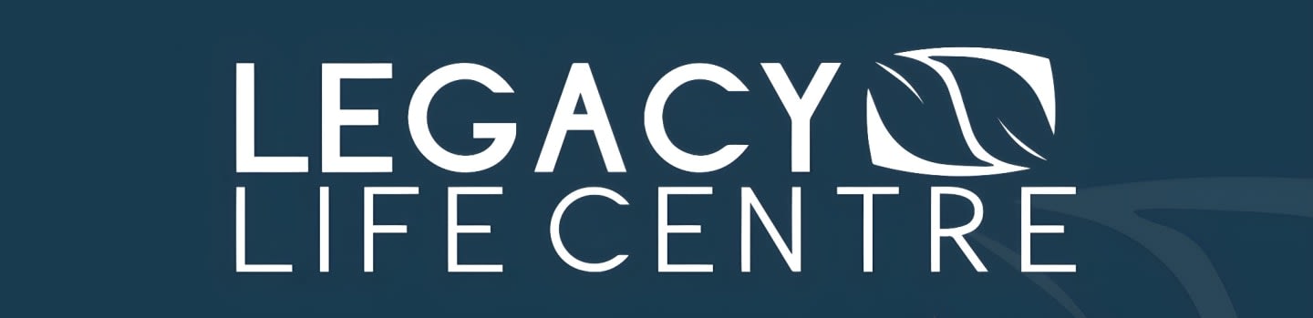 White text reading "LEGACY LIFE CENTRE" with a leaf-like logo is displayed on a dark blue background with subtle curved lines.