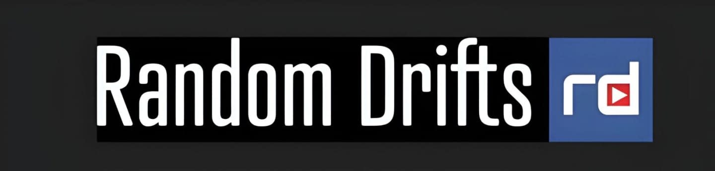 White text reading "Random Drifts" is displayed on a black background, with a blue square containing "rd" and a play button logo to its right, all set against a dark gray background.