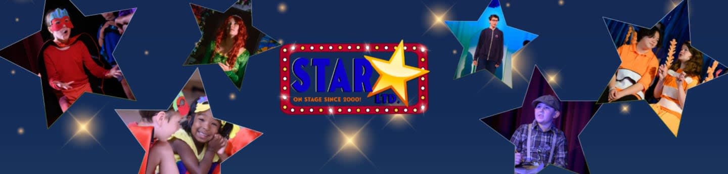 A dark blue background with scattered stars and a central "STAR" logo is adorned with various images of people within star-shaped cutouts.