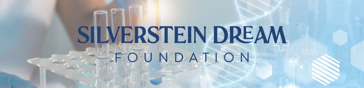 Test tubes in a rack are in the foreground, with the "SILVERSTEIN DREAM FOUNDATION" logo superimposed over a background of DNA strands and medical symbols.