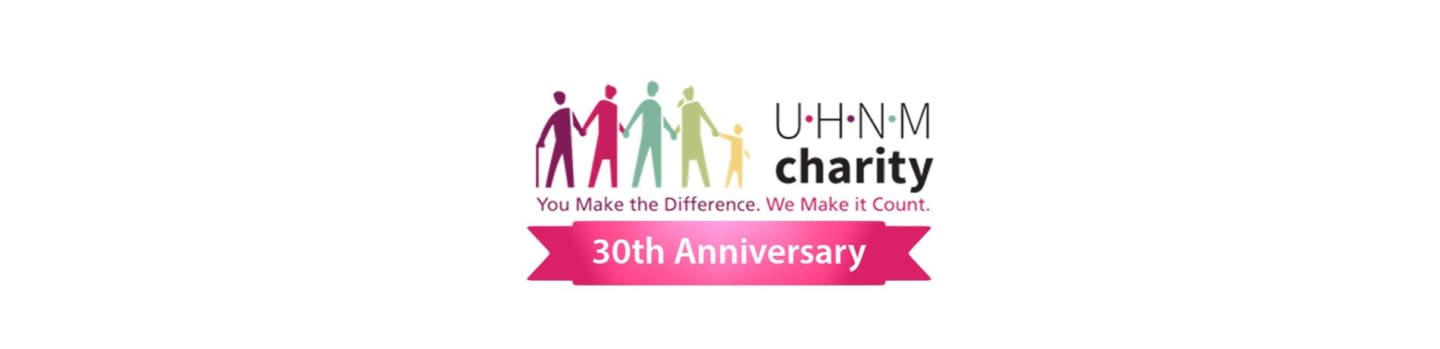 Colorful figures holding hands are in the foreground, with the "UHNM Charity" logo and "30th Anniversary" banner in the background.