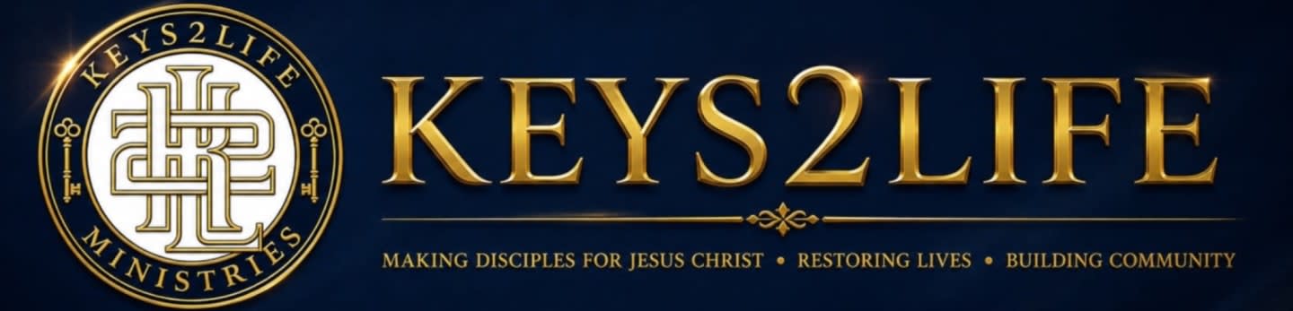 A circular logo with a key and intertwined letters is on the left, while the words "KEYS2LIFE" and a tagline are displayed in gold lettering against a dark blue background.