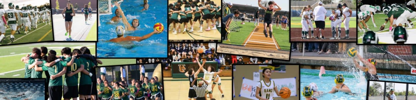 A collage of various sports scenes, including basketball, water polo, track and field, and football, fills the frame.