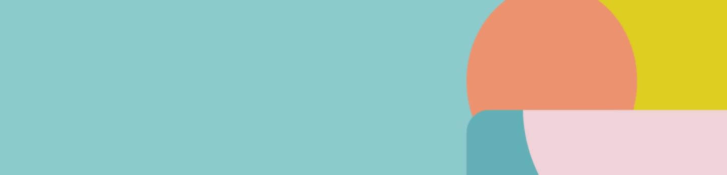 A large area of light blue fills the left side of the image, while the right side features abstract shapes in peach, yellow, and pink.