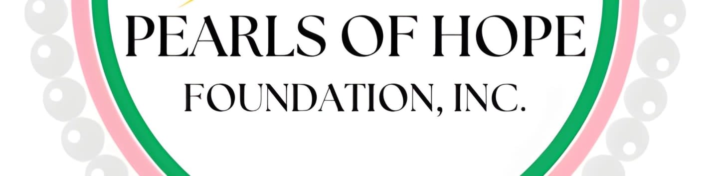 A logo with the words "PEARLS OF HOPE FOUNDATION, INC." is framed by a green and pink border, with a string of pearls on either side.