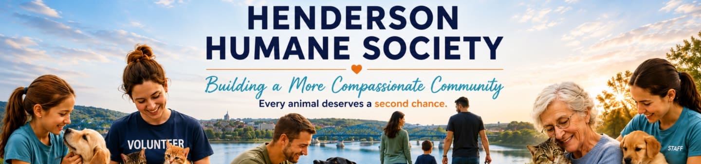 People and puppies are in the foreground, with a scenic waterfront and sky in the background, under the text "HENDERSON HUMANE SOCIETY".