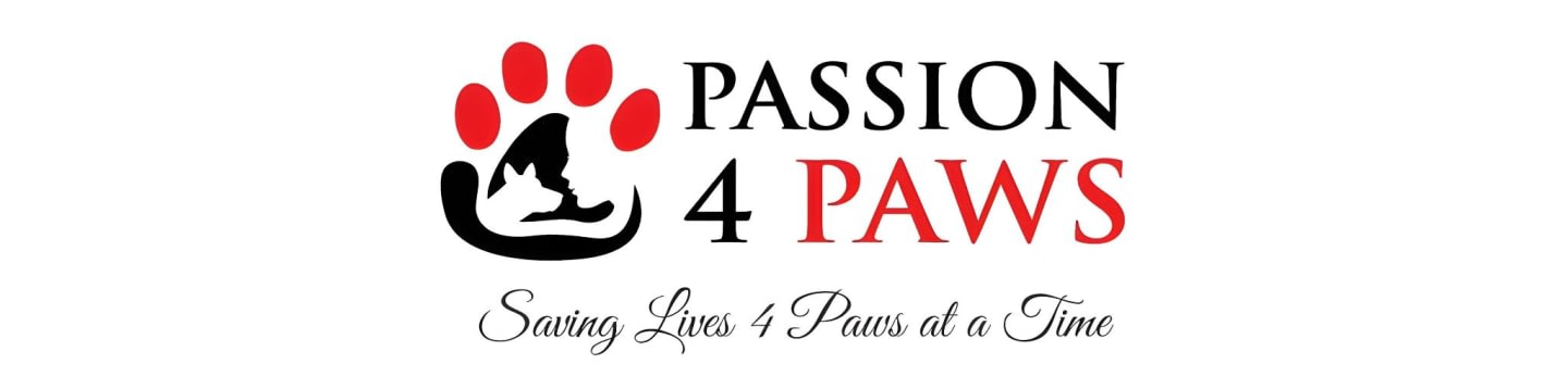 A red paw print with a silhouette of a dog and cat inside is to the left of the words "PASSION 4 PAWS" and the tagline "Saving Lives 4 Paws at a Time" on a white background.