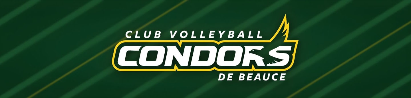 The foreground features the text "CLUB VOLLEYBALL CONDORS DE BEAUCE" with a condor silhouette, set against a dark green background with diagonal lighter green stripes.