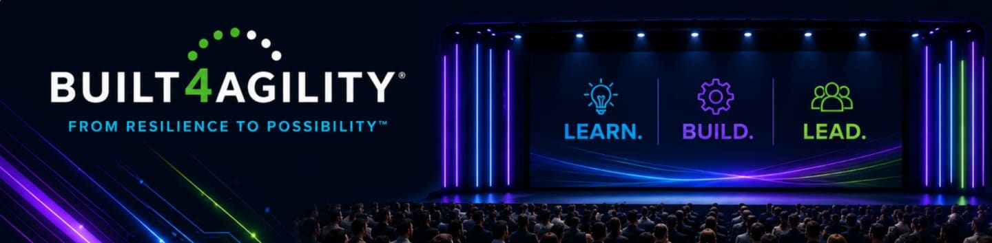 A large audience watches a stage with the "BUILT4AGILITY" logo and three icons representing "LEARN," "BUILD," and "LEAD" on the background screen.