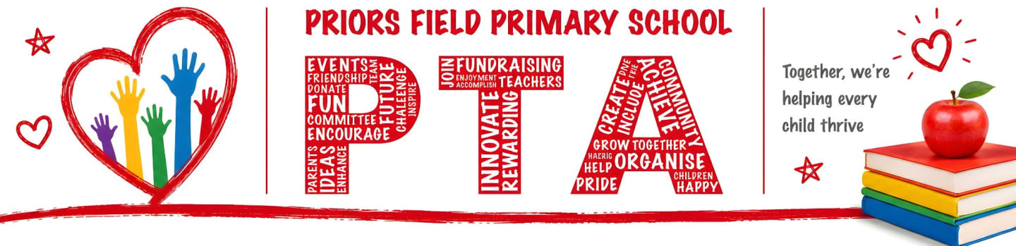 A red heart with colorful hands inside is on the left, while a stack of books topped with an apple is on the right, with the words "PRIORS FIELD PRIMARY SCHOOL PTA" in the center.