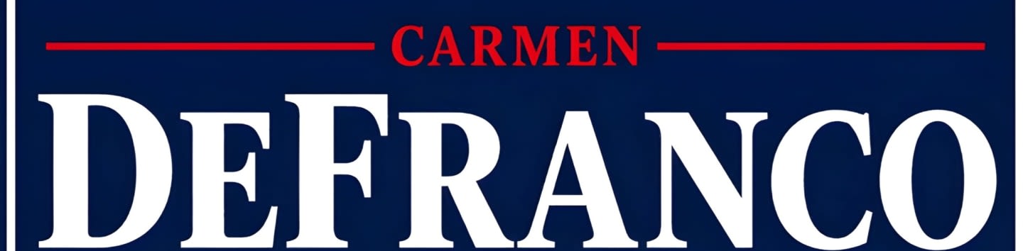 Large white letters spelling "DeFRANCO" are centered on a dark blue background, with "CARMEN" written in red above it, underlined by a thin maroon line.