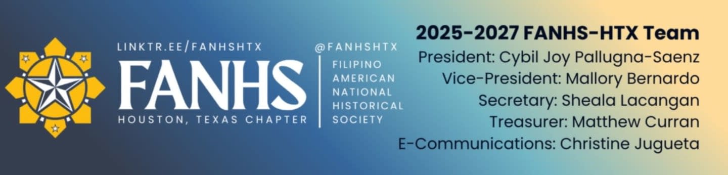A yellow and white star emblem and the text "FANHS HOUSTON, TEXAS CHAPTER" are in the foreground, while the background displays the "2025-2027 FANHS-HTX Team" with names and positions.