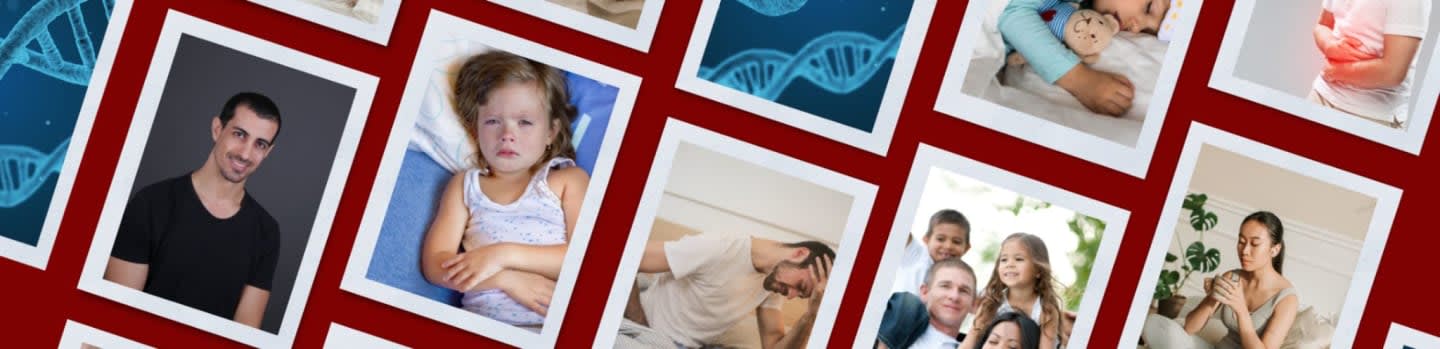 A collage of framed images featuring people and DNA strands is set against a red background.
